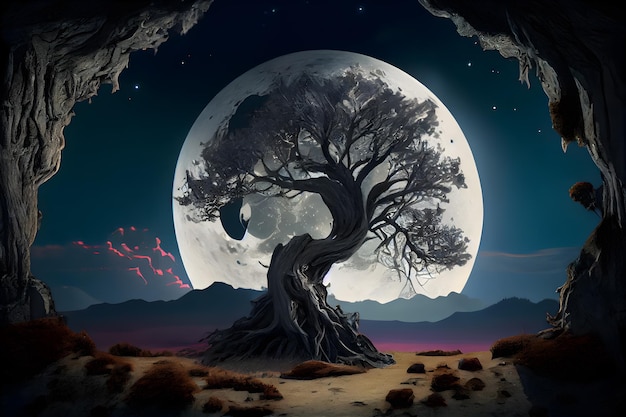 A painting of a tree in the desert with a moon in the background