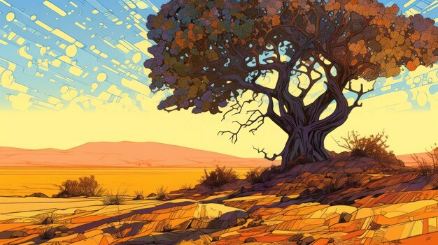 A painting of a tree in a desert with the sun shining on it.