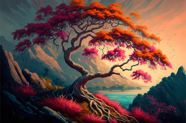 Painting of a tree on the edge of a cliff generative ai