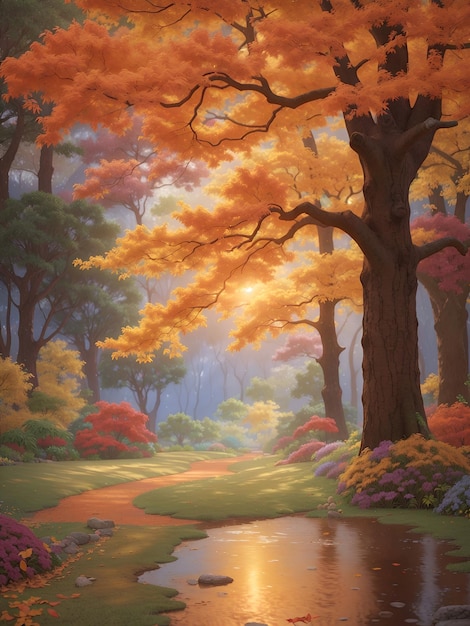 A painting of a tree in the fall with a stream