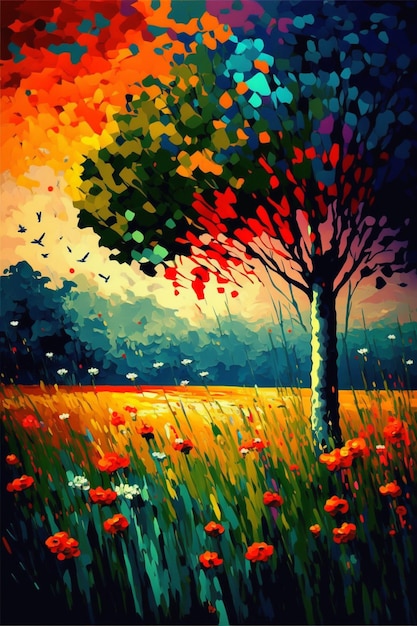 Painting of a tree in a field generative ai