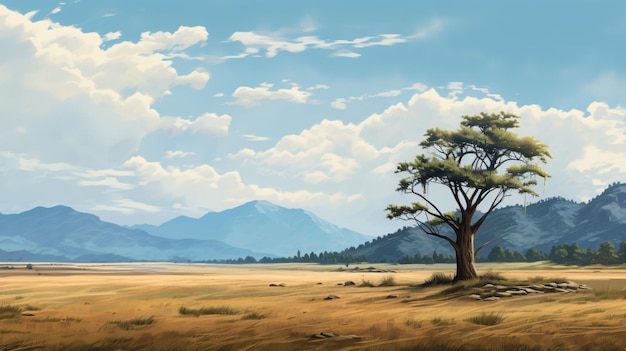 A painting of a tree in a field with mountains