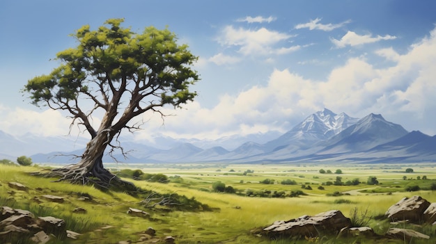 Painting of a tree in a field with mountains