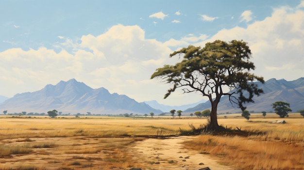 Painting of a tree in a field with mountains