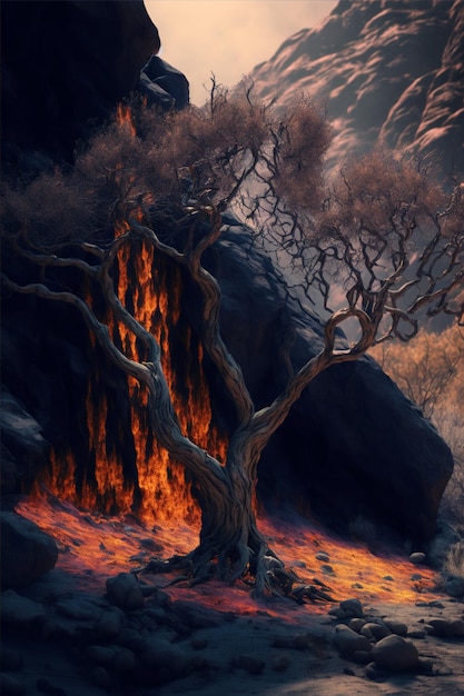 Painting of a tree on fire in a rocky area with a mountain in the background generative ai