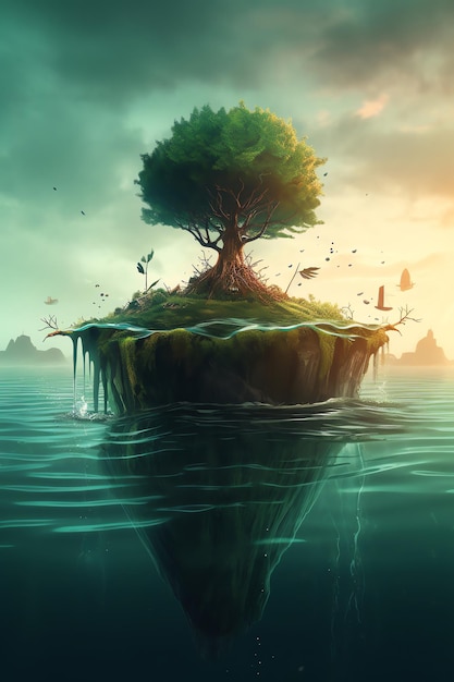 A painting of a tree on a floating island