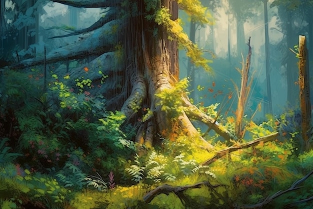 A painting of a tree in the forest with the tree trunk in the foreground.