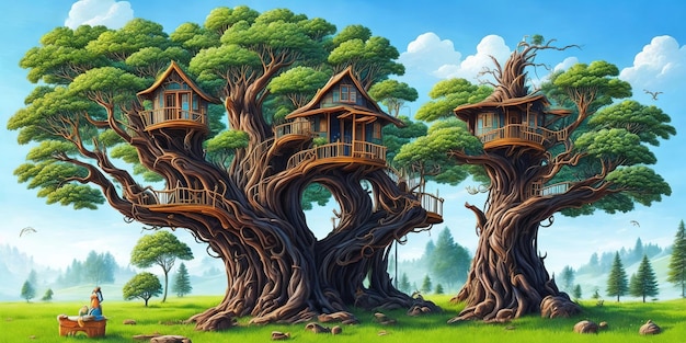 A painting of a tree house with a blue sky and the words " tree house " on the bottom.