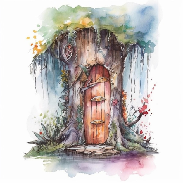 A painting of a tree house with a door and a tree trunk generative ai