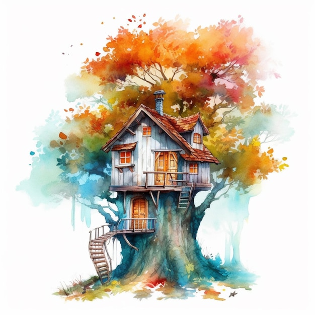 A painting of a tree house with a house on it