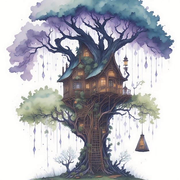 A painting of a tree house with a lantern hanging from it.