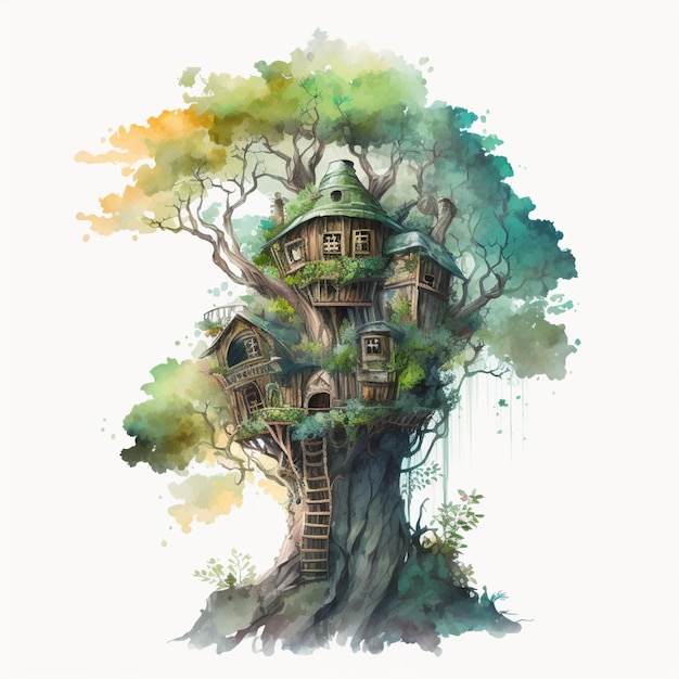 A painting of a tree house with a staircase going up to it generative ai