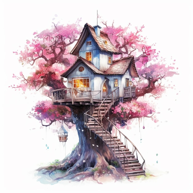 A painting of a tree house with stairs leading to a balcony generative ai