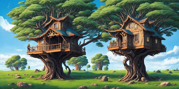 A painting of a tree house with a tree house on it.