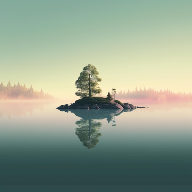 Photo a painting of a tree on a lake with a boat in the water.