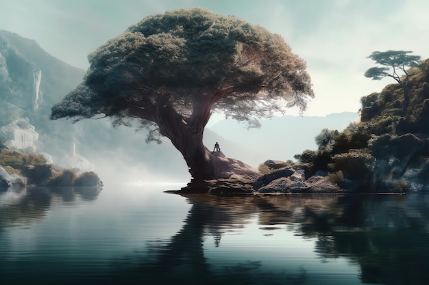 A painting of a tree on a lake with a man sitting under it.