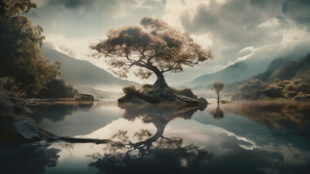 A painting of a tree on a lake with mountains in the background