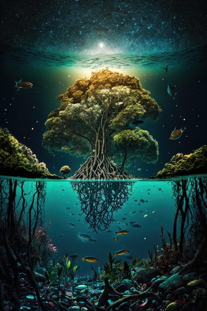 Painting of tree in the middle of body of water Generative AI