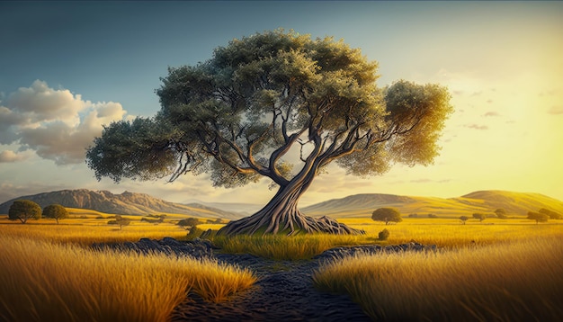 Painting of tree in the middle of field Generative AI