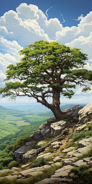 A painting of a tree on a mountain