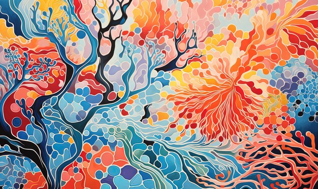 a painting of a tree and the orange and blue colors