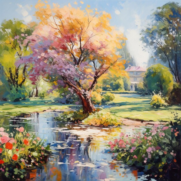 Painting of a tree in a park with a pond and flowers generative ai