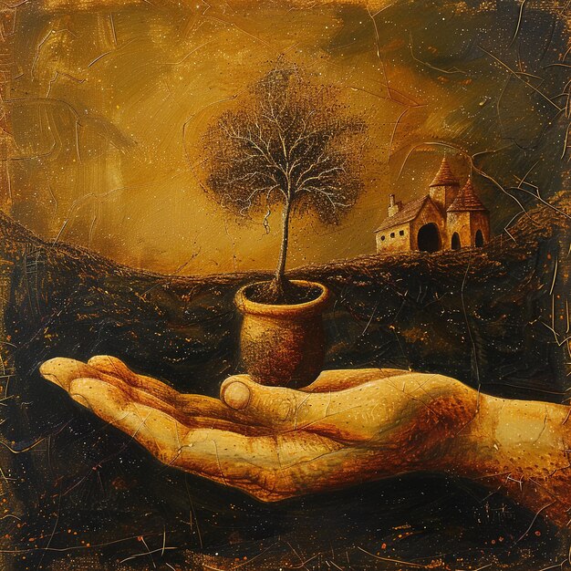 a painting of a tree and a pot with a tree in it