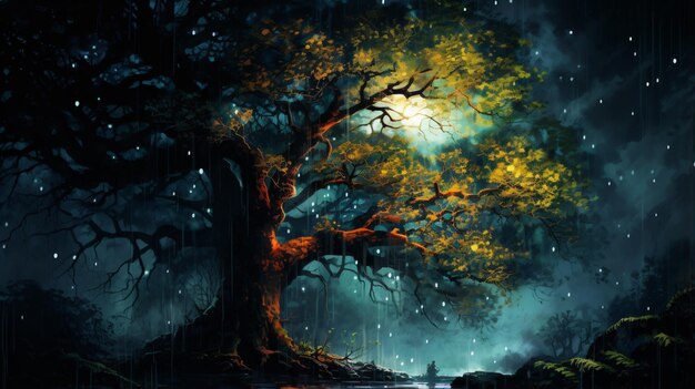 Painting of a tree in the rain with lights