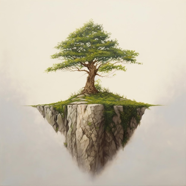 painting of a tree on a rock island with a sky background generative ai