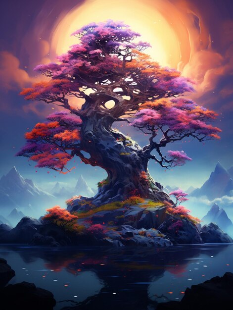 painting of a tree on a rock in the middle of a lake generative ai