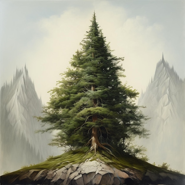 Картина дерева на скале с горой на заднем плане