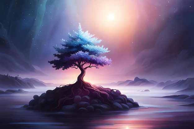 A painting of a tree on a rock with the sun shining on it.