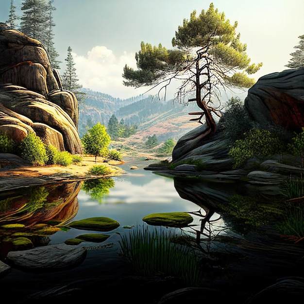 Картина с изображением дерева и скал на фоне гор.