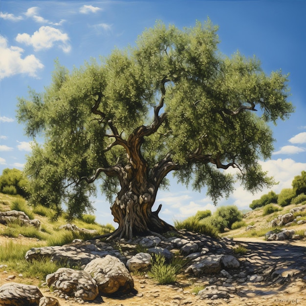 painting of a tree on a rocky hillside with a blue sky generative ai