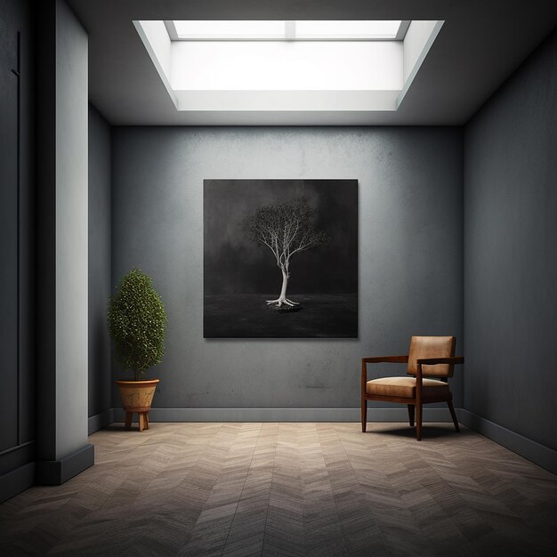 a painting of a tree in a room with a chair and a chair.