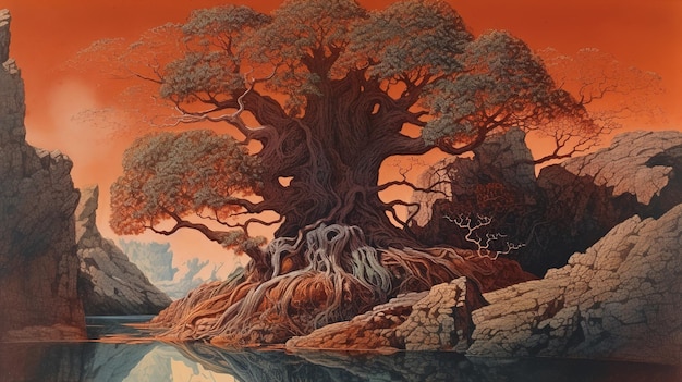 A painting of a tree on a shore with mountains in the background