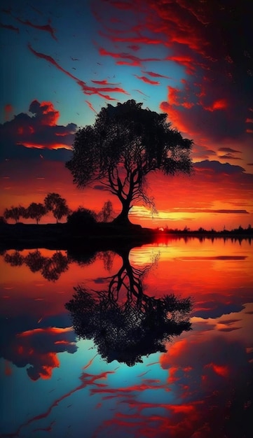 A painting of a tree and the sky is reflected in the water.