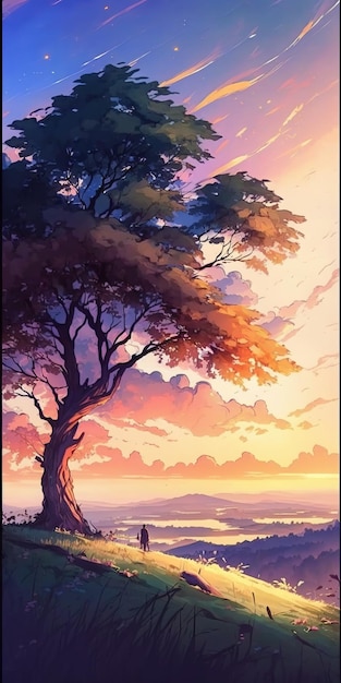 A painting of a tree and the sunset