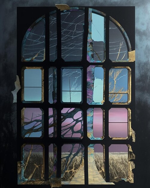 A painting of a tree in a window with a pink sky in the background.