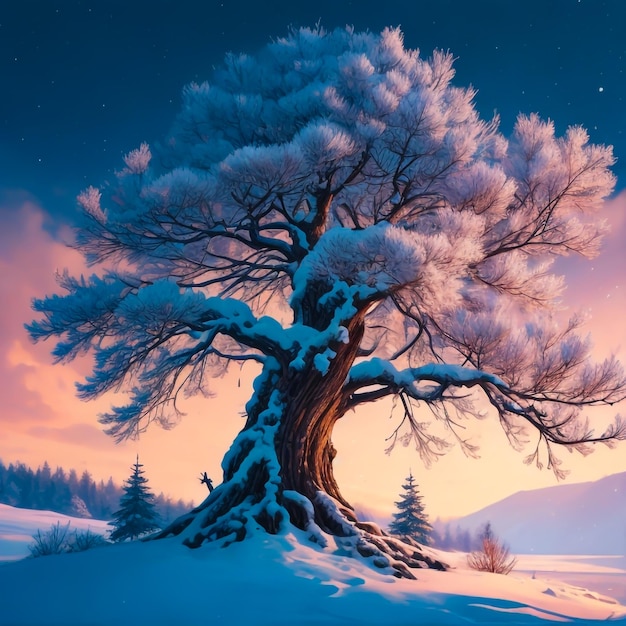 painting of a tree in a winter landscape view