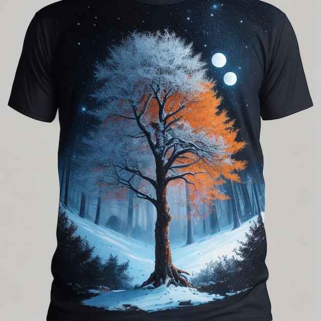 картина с изображением дерева в зимнем пейзаже, напечатанная на футболке