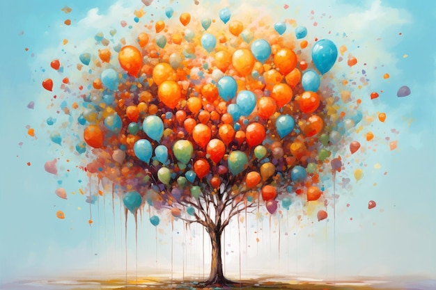 A painting of a tree with balloons on it