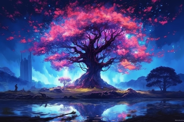 A painting of a tree with a blue background