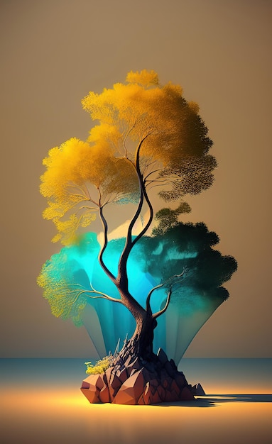 A painting of a tree with a blue and gold background.