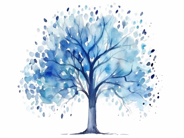 Photo a painting of a tree with blue leaves and a white background generative ai