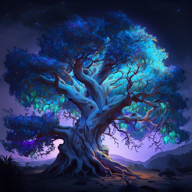 Photo painting of a tree with a blue sky and stars in the background generative ai