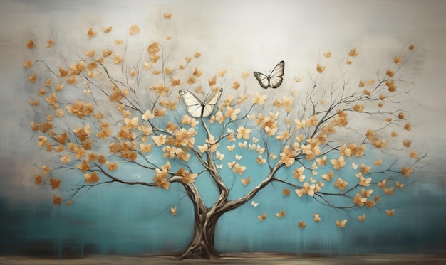 A painting of a tree with butterflies on it