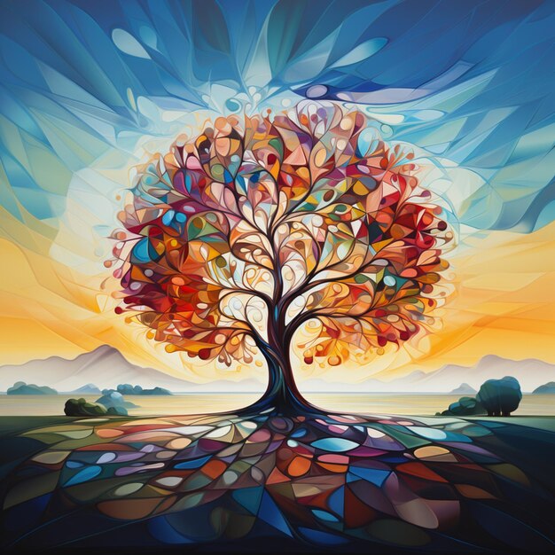 painting of a tree with colorful leaves in a field generative ai
