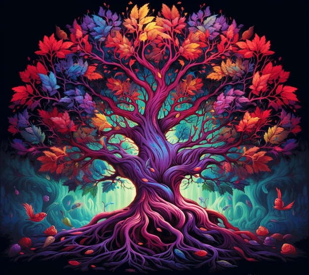 A painting of a tree with colorful leaves on it generative ai