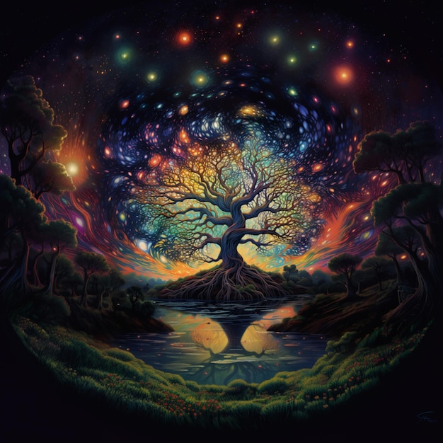 다채로운 하늘과 별을 배경으로 한 나무의 그림